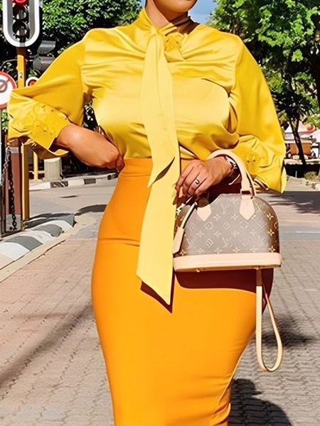 Crew Neck Regular Fit Plain Urban Regular Sleeve Blouse, Yellow, Blouses and Shirts