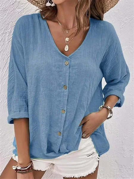 

Casual V Neck Shirt, Blue, Blouses & Shirts
