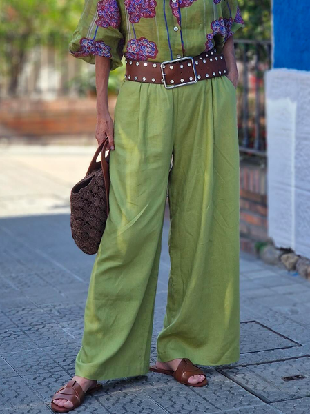 

Loose Pocket Stitching Casual Plain Pants, Green, Pants