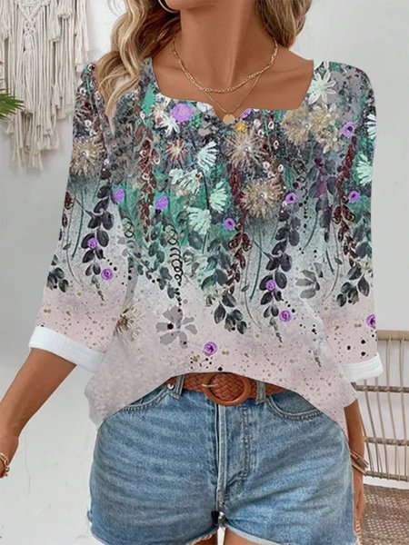 

Women's Three Quarter Sleeve Tee T-shirt Spring/Fall Floral Cotton Notched Daily Going Out Casual Top flower, T-Shirts
