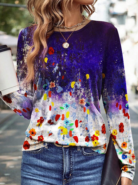 Casual Ombre Crew Neck Long Sleeve T-shirt, Purple, T-shirts