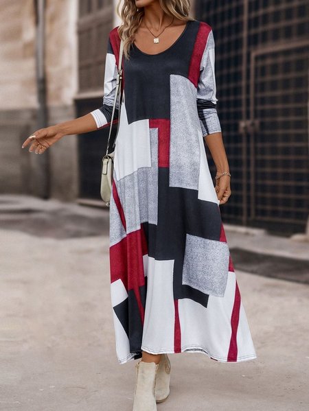 

Women Geometric Crew Neck Long Sleeve Comfy Casual Maxi Dress, Black, Dresses