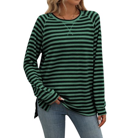 

Women's Long Sleeve Blouse Spring/Fall Striped Crew Neck Daily Going Out Casual Top, Green, Shirts