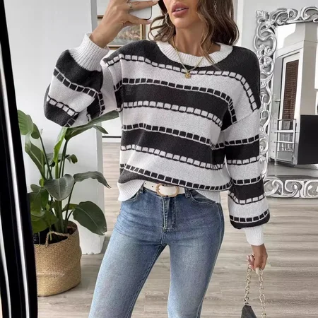 

Loose Striped Casual Crew Neck Sweater, Black, Sweaters