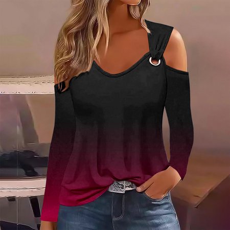 

Women's Long Sleeve Blouse Spring/Fall Ombre V Neck Daily Going Out Casual Top, Red, Shirts & Blouses