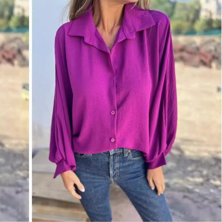 

Shirt Collar Long Sleeve Plain Regular Loose Shirt For Women, Purple, Shirts