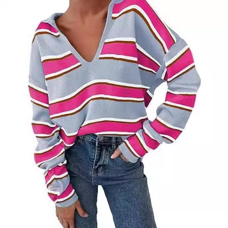 

Women's Long Sleeve Blouse Spring/Fall Striped Wool/Knitting Shirt Collar Daily Going Out Casual Top, Deep pink, Shirts & Blouses