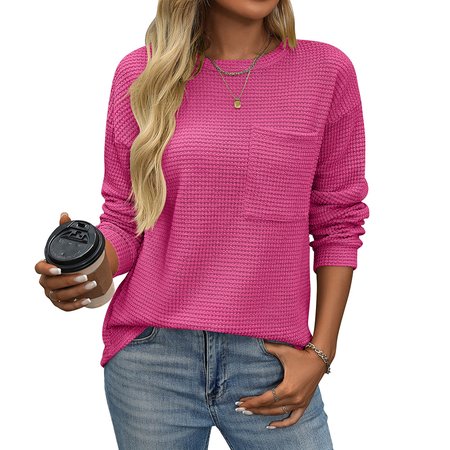

Women's Long Sleeve Blouse Spring/Fall Khaki Plain Pocket Stitching Crew Neck Daily Going Out Casual Top, Deep pink, Long Sleeves