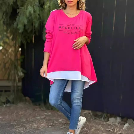 

Women's Long Sleeve Blouse Spring/Fall Text Letters Asymmetrical Daily Going Out Casual Top, Deep pink, Shirts & Blouses