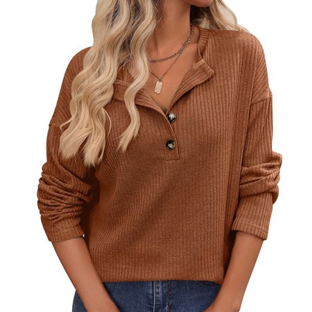 

Women's Long Sleeve Blouse Spring/Fall Plain Crew Neck Daily Going Out Casual Top, Caramel, Shirts & Blouses