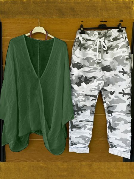 

Women's Camo Daily Going Out Two Piece Set Three Quarter Sleeve Casual Spring/Fall Top With Pants Matching Set, Green, Suit Set