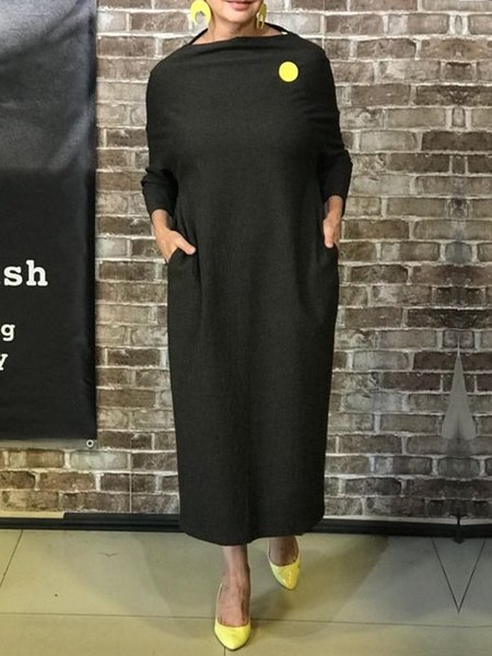 

Crew Neck Loose Casual Plain Pockets Dress With Brooch, Black, Maxi Dresses