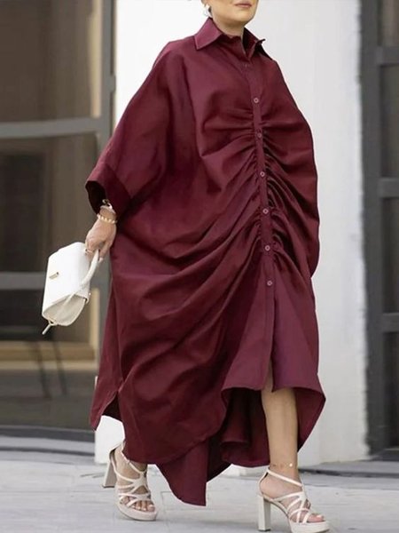 

Daily Plain Ruched Casual Loose Shirt Dress, Wine red, Maxi Dresses