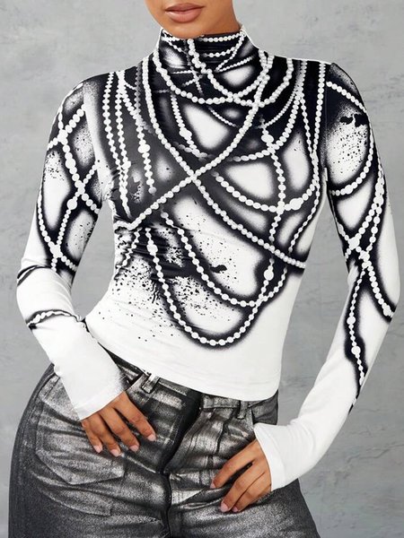 

Mock Neck Printing Urban T-Shirt, Black-white, Tees