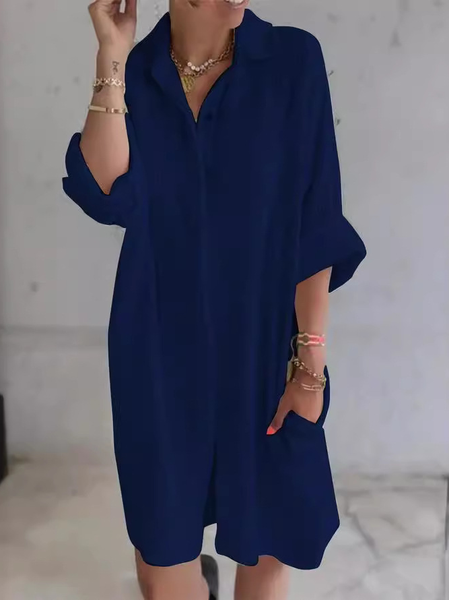 Women Plain Shirt Collar Long Sleeve Comfy Casual Midi Dress, Navyblue, Dresses