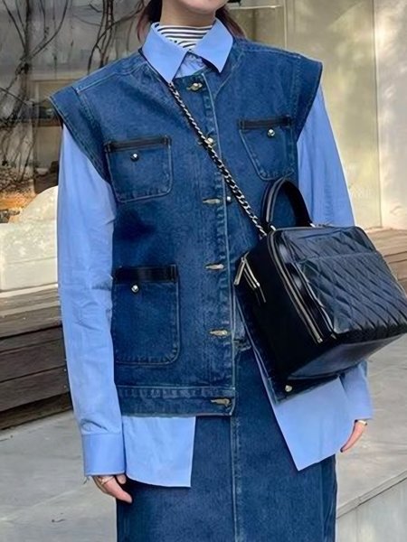 

Distressing Denim Casual Loose Denim Vest, Blue, Vests and Gilets
