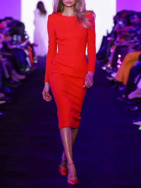 

Crew Neck Elegant Regular Sleeve Tight Midi Dress, Red, Midi Dresses