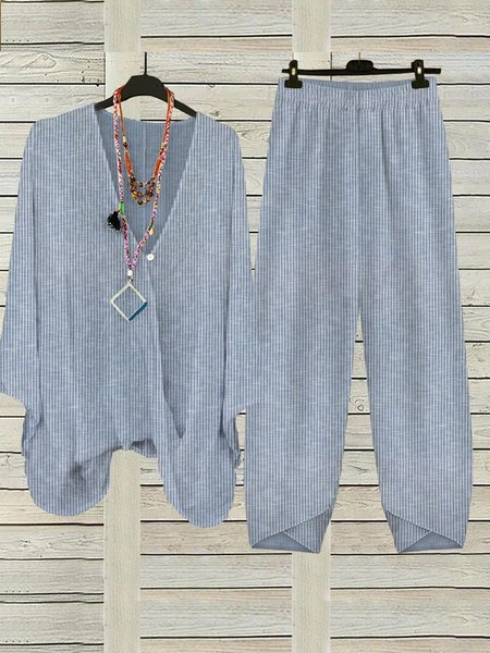

Women Striped V Neck Three Quarter Sleeve Comfy Casual Top With Pants Two-Piece Set, Blue, Sets