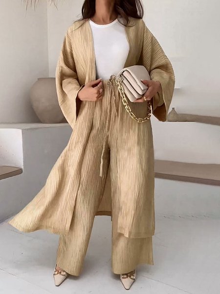 Plain Casual Loose Long Sleeve Raglan Sleeves Kimono, Khaki, Kimonos