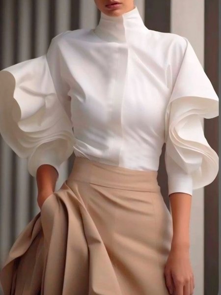 

Ruffle Sleeve Elegant Mock Neck Shirt, White, Blouses and Shirts