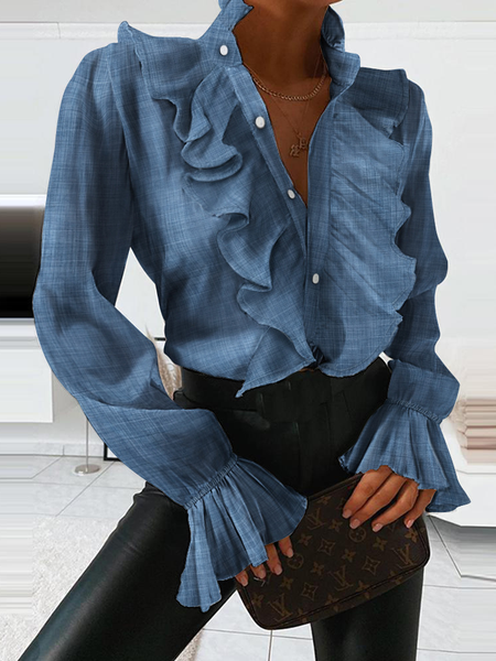

Long Sleeve Plain Regular Loose Shirt For Women, Blue, Shirts