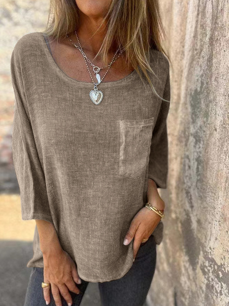 

Crew Neck Long Sleeve Plain Regular Loose Blouse For Women, Khaki, Blouses
