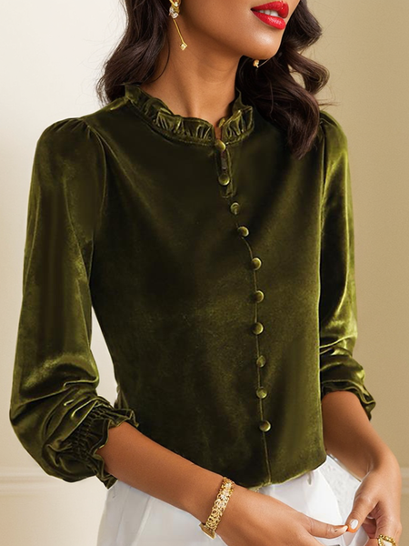 Women's Long Sleeve Blouse Spring Fall Green Plain Buckle Velvet Lotus Leaf Collar Daily Going Out Casual Top