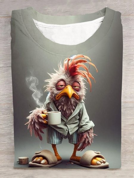 

Crew Neck Casual Jersey Chicken T-Shirt, Gray, T-shirts