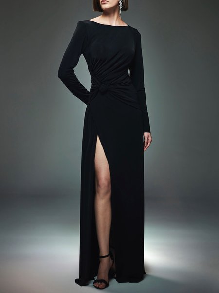 

Plain Elegant Regular Fit Long Sleeve Ruched Crew Neck Maxi Dress, Black, Maxi Dresses