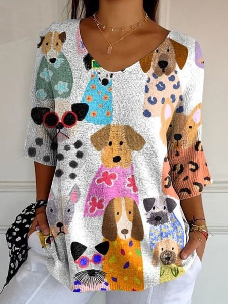 

Women Yarn/Wool Yarn Dog Three Quarter Sleeve Comfy Casual Buckle Sweater, Multicolor, Sweaters