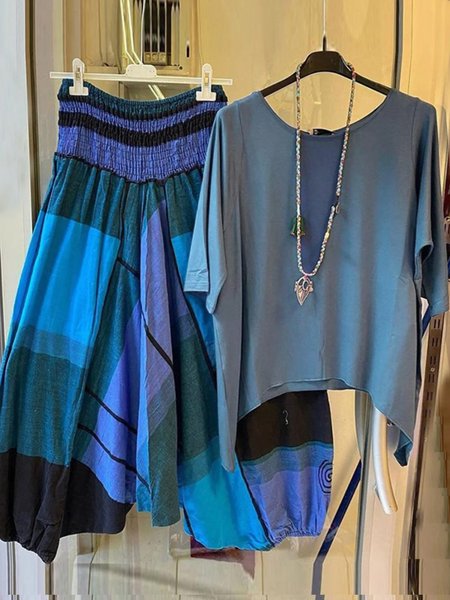 

Women Geometric Crew Neck Half Sleeve Comfy Casual Top With Pants Two-Piece Set, Blue, Sets
