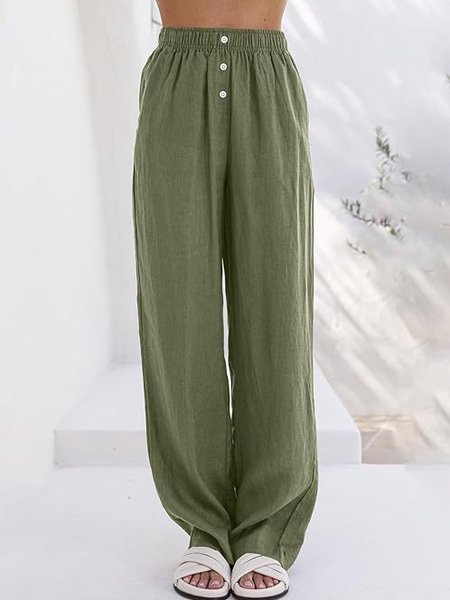 

Women's H-Line Straight Pants Daily Going Out Pants Casual Buckle Cotton And Linen Plain Spring/Fall Pants, Army green, Bottoms