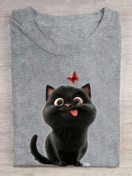 Crew Neck Loose Cat Casual T-Shirt, Gray, T-shirts