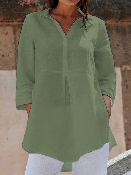 

Women's Long Sleeve Blouse Spring/Fall Plain Cotton And Linen Shawl Collar Daily Going Out Casual Top, Army green, Blouses