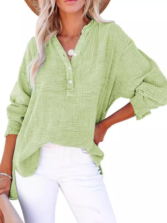 

Women's Long Sleeve Shirt Spring/Fall Plain Buckle V Neck Daily Going Out Casual Top, Green, Blouses