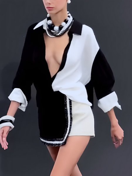 

Split Joint Shirt Collar Color Block Raglan Sleeves Urban Shirt, Black-white, Blouses and Shirts
