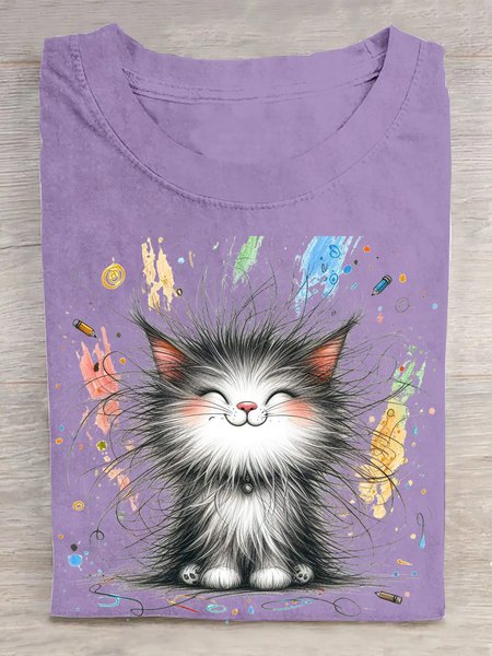 Casual Cat Crew Neck Short Sleeve T-shirt, Purple, T-shirts