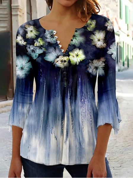 

Casual Floral Crew Neck Three Quarter Sleeve T-shirt, Color3, T-shirts