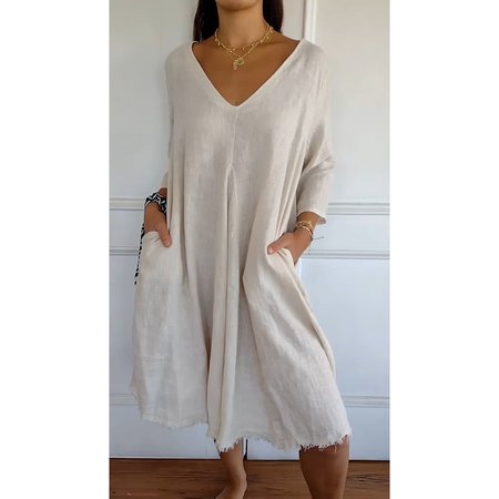 Women Plain V Neck Three Quarter Sleeve Comfy Casual Midi Dress, Apricot, Dresses