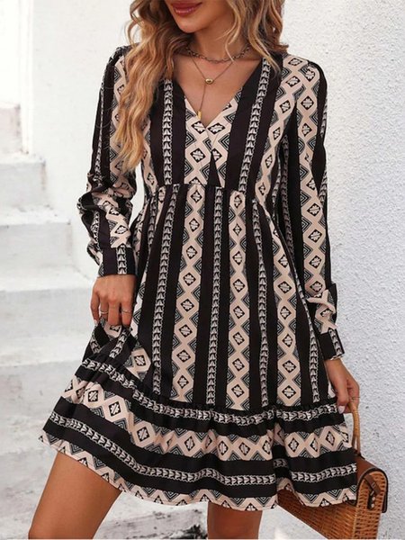 Women's Long Sleeve Spring Fall Black Ethnic Printing V Neck Party Going Out Ethnic Midi A Line Dress