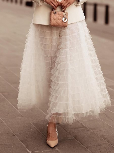 

Loose Urban Ruched Plain Skirt, White, Skirts