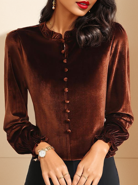 

Women's Long Sleeve Blouse Spring/Fall Plain Buckle Velvet Lotus Leaf Collar Daily Going Out Casual Top, Coffee, Shirts & Blouses