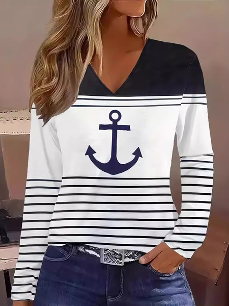 

Casual Striped V Neck Long Sleeve T-shirt, Blue, T-shirts