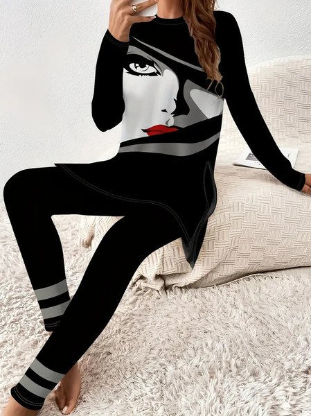 

Women Abstract Crew Neck Long Sleeve Comfy Casual Top With Pants Two-Piece Set, Gray, Sets