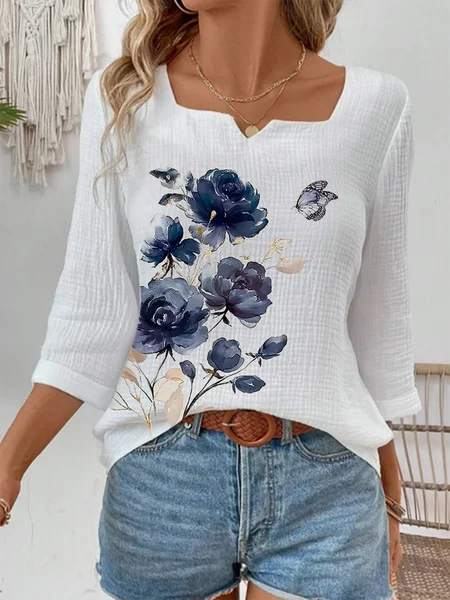 

Women's Three Quarter Sleeve Tee T-shirt Spring/Fall Floral Printing Cotton Notched Daily Going Out Casual Top, White, T-Shirts