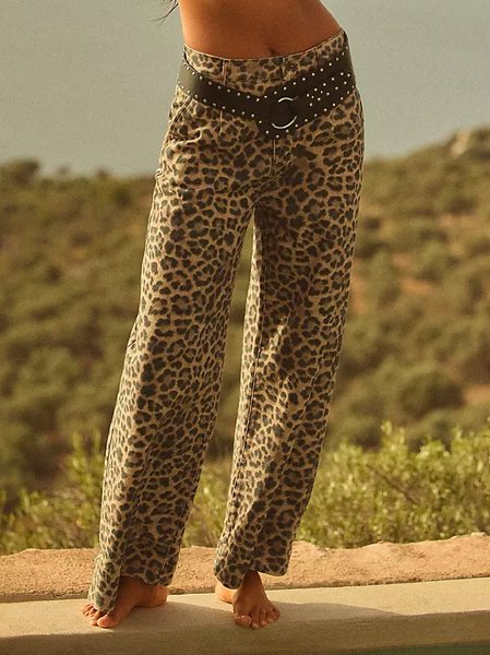 

Leopard Loose Casual Pocket Stitching Fashion Pants, Brown, Pants