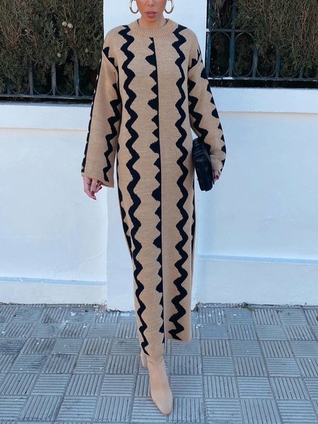 

Geometric Casual Crew Neck Long Sleeve Sweater Maxi Dress, Khaki, Maxi Dresses