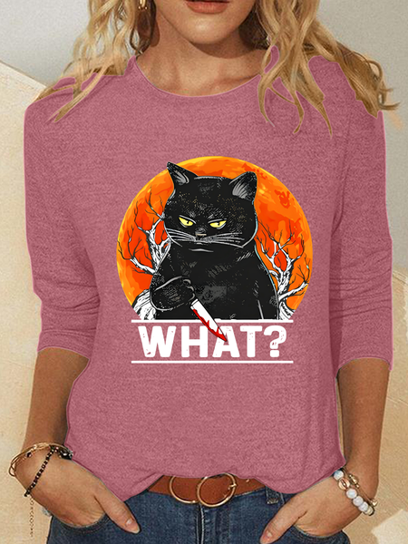 

What Cat Halloween Casual Long Sleeve Shirt, Watermelon, Long sleeves