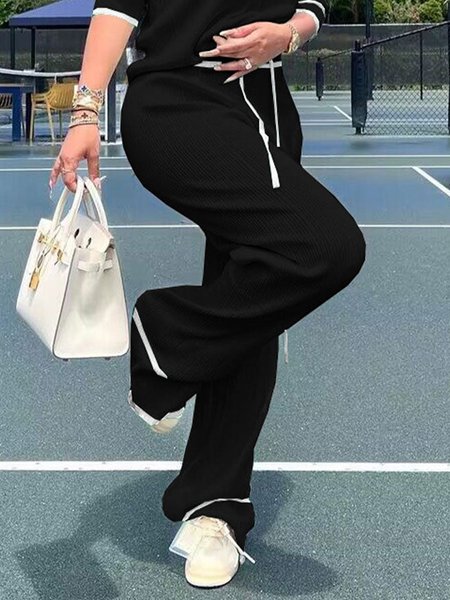 

Casual Color Block Lace-Up Straight Long Pants, Black, Pants