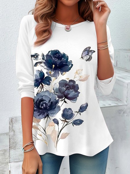 

Women's Long Sleeve Tee T-shirt Spring/Fall Floral Printing Jersey Crew Neck Daily Going Out Casual Top, White, T-Shirts